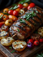 Roasted pork tenderloin with grilled vegetables, cherry tomatoes and herbs on wooden cutting board. Gourmet dinner preparation for holiday feast and cooking.