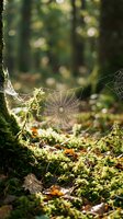 Dew-covered spider webs strung between moss-covered branches and forest floor vegetation, with sunlight filtering through blurred woodland canopy in background.