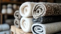 Rolled spa towels in white and gray colors stacked neatly on wooden shelf, showing texture and pattern detail for wellness and bathroom decor.