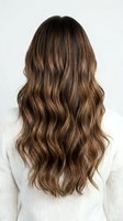 Woman with long wavy brown hair with caramel highlights viewed from behind wearing white sweater against neutral background for hair salon marketing.