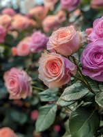 Delicate peach and pink roses bloom in soft natural light, with lush green leaves creating depth and texture. Close-up view captures the intricate petals and romantic mood.