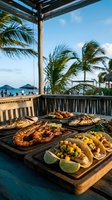 Grilled seafood platter with tacos on tropical terrace overlooking ocean with palm trees and blue sky for vacation dining and coastal restaurant marketing.
