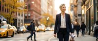 Confident businesswoman in formal attire walking through busy urban street with yellow taxis and pedestrians during daytime, suitable for corporate and professional concepts.