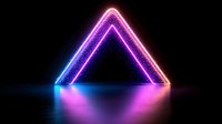 Glowing neon triangle shape with purple and blue light reflection on dark surface, modern minimalist geometric design for technology and futuristic concepts.