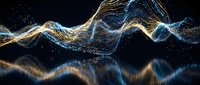 Abstract digital wave particles flowing in golden blue light creating dynamic energy visualization for technology and data concepts.