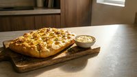 Focaccia bread with olive oil and herbs on wooden board with sauce bowl, ready for serving or dining use.