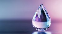 Crystal clear water drop with iridescent rainbow reflections on purple gradient background, macro photography showing purity and freshness in minimalist style.