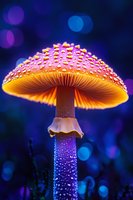 Glowing orange mushroom with water droplets on cap against dark blue bokeh background, illuminated from within creating magical forest atmosphere.
