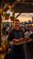 Smiling middle-aged Caucasian chef in apron serving gourmet burgers on wooden board at rooftop restaurant with string lights during golden hour sunset.