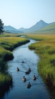 Serene mountain landscape with meandering river through green meadows, ducks swimming in calm waters against backdrop of misty peaks and morning light.