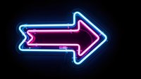 Bright neon arrow sign glowing in blue and pink colors against dark background for nightclub, bar, casino, entertainment venue signage and direction.