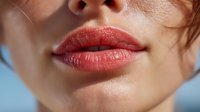 Close-up of glossy coral lips with natural shine against blue background, showcasing lip care and beauty product results.