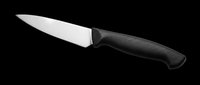 Kitchen paring knife with black handle and stainless steel blade, isolated on transparent background. Ready for clipart, stickers, t-shirt design, print on demand, and sublimation use.