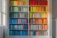 Bookshelf with color-coordinated books arranged in rainbow spectrum order from yellow to red and blue to purple, creating vibrant gradient display in modern interior.