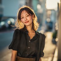 Young Asian woman with shoulder-length blonde hair in black button-up shirt smiling confidently during golden hour sunset in urban city setting.