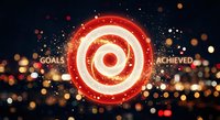 Red and white target bullseye with goals achieved text and sparkling bokeh lights background for business success and achievement concepts.