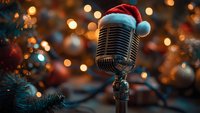 Vintage microphone wearing Santa hat against blurred Christmas lights and decorations background creates festive holiday music atmosphere.