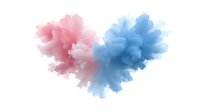 Pink and blue powder explosion clouds merging together on white background creating heart shape for creative design projects and artistic concepts.