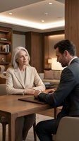 Mature woman with white hair wearing beige blazer and middle-aged man in dark suit having professional conversation at wooden desk in modern office interior with warm lighting and wood paneling.