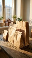 Brown paper bags arranged on wooden table near window with natural sunlight and houseplants creating warm sustainable packaging concept for retail business.