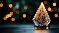 Crystal pyramid award with golden sparkles on dark background with warm bokeh lights for luxury recognition ceremonies and corporate achievements.