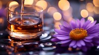 Amber whiskey poured into glass with purple daisy flower against blurred bokeh lights, creating moody atmospheric composition for bar and spirits advertising.