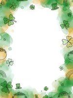 Watercolor St. Patrick's Day frame with shamrocks, leprechaun hats, pots of gold and rainbows on white background for greeting cards and festive designs.