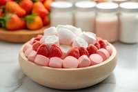 Pink and red marshmallows arranged in wooden bowl with strawberries and glass jars in background on marble surface, sweet dessert composition for food styling.