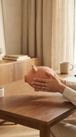 Hands holding a pink piggy bank on a wooden table in a cozy home setting, symbolizing savings, budgeting, and personal finance management.