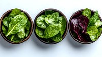 Fresh green and purple lettuce leaves in wooden bowls on light background, top view. Healthy organic salad ingredients for cooking and garnish.