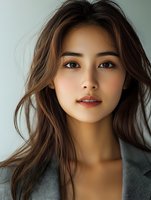 Young Asian woman with long brown hair and natural makeup against neutral background, portraying confidence and professionalism for business or beauty concepts.
