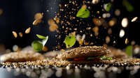 Flying quinoa grains and fresh basil leaves on dark background with dramatic lighting and motion effect, healthy superfood concept for cooking and nutrition.