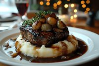 Juicy grilled steak topped with caramelized onions and fresh herbs, served over creamy mashed potatoes with rich brown gravy on white plate.