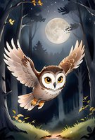 Magical forest scene with flying owl at night, spread wings against full moon backdrop, surrounded by dark trees and glowing yellow leaves in mystical atmosphere.