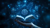 Glowing open book floating above hand with digital brain and business icons in blue light, representing knowledge, artificial intelligence and education.