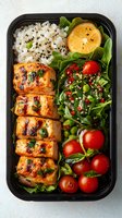 Healthy meal prep container with grilled chicken, sesame rice, fresh salad and cherry tomatoes for balanced nutrition and convenient eating.