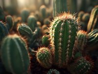 Spiny green cacti with sharp thorns growing in greenhouse collection, illuminated by warm sunlight creating atmospheric desert garden scene.