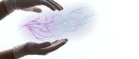Hands protecting glowing digital neural network with purple and blue connections representing artificial intelligence and data protection concepts.