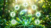 Green earth globe surrounded by renewable energy icons on natural background with sunlight and bokeh effects for sustainability concepts.