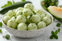 Creamy melon balls with herb seasoning served in speckled bowl, fresh mint garnish, appetizer or dessert preparation for culinary content.