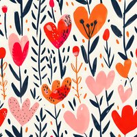Romantic floral seamless pattern with heart-shaped flowers in red, pink and orange colors against navy blue leaves, perfect for Valentine's Day cards, fabric design and gift wrapping paper.