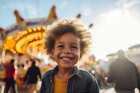 Happy mixed-race child with curly hair smiling at carnival with colorful rides and lights in background during golden hour sunset.