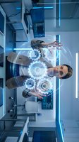 Two young male technicians in casual business attire interact with glowing holographic gear interfaces in a modern server room, representing innovation, technology support, and digital transformation solutions.