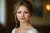 Young Caucasian bride with gentle smile wearing white lace wedding dress and pearl earrings, soft romantic portrait with natural makeup and elegant updo hairstyle.