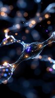 Neural network connection with glowing synapses and bokeh lights on dark background for medical and technology presentations.