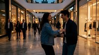 Young diverse couple holding hands while walking through modern shopping mall corridor with illuminated storefronts and other shoppers in background during evening.