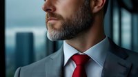 Confident mature businessman with gray beard in suit and red tie looking out office window at city skyline during daytime for corporate leadership concepts.
