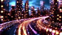 Abstract urban night scene with curved light trails and bokeh effect, blurred city skyline silhouettes against blue sky create dreamy atmosphere. Suitable for background design.