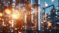 Bright glowing sparks and bokeh lights create magical atmosphere against blurred industrial background in orange and blue tones, abstract composition.