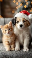 Adorable puppy wearing Santa hat sitting next to orange kitten with warm bokeh lights creating festive Christmas atmosphere for holiday greeting cards.